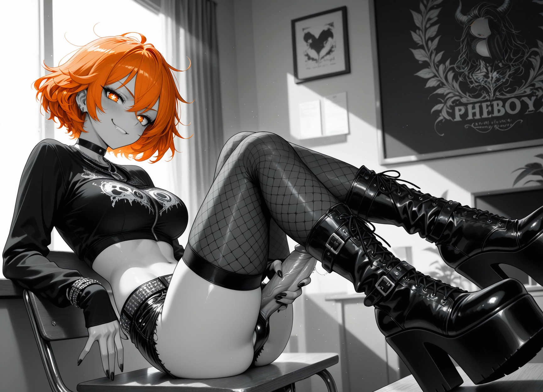 futanari, 1girl, solo, orange hair, crop top, smile · Yamete.gg