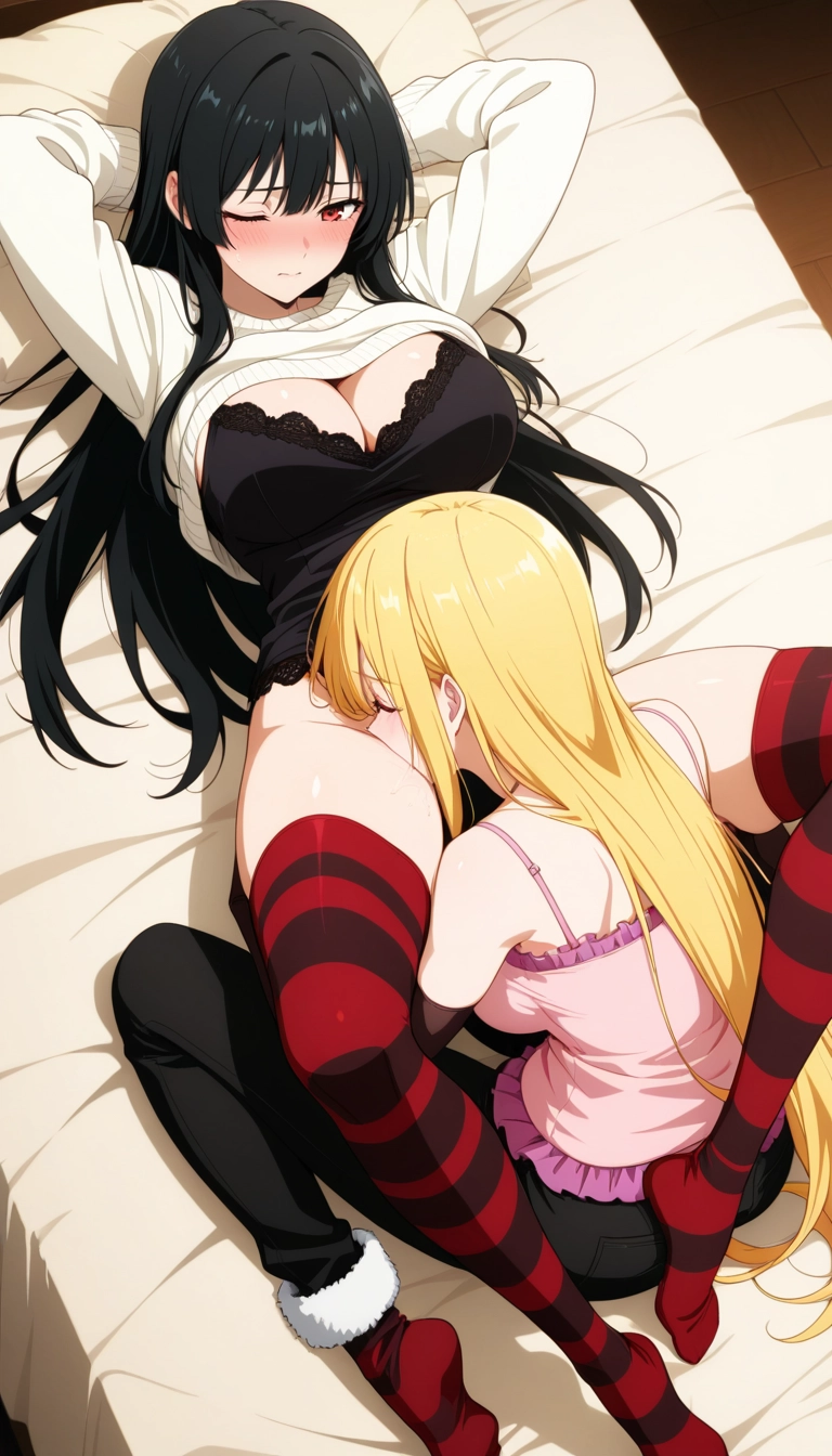 long hair, multiple girls, breasts, thighhighs, 2girls, oral