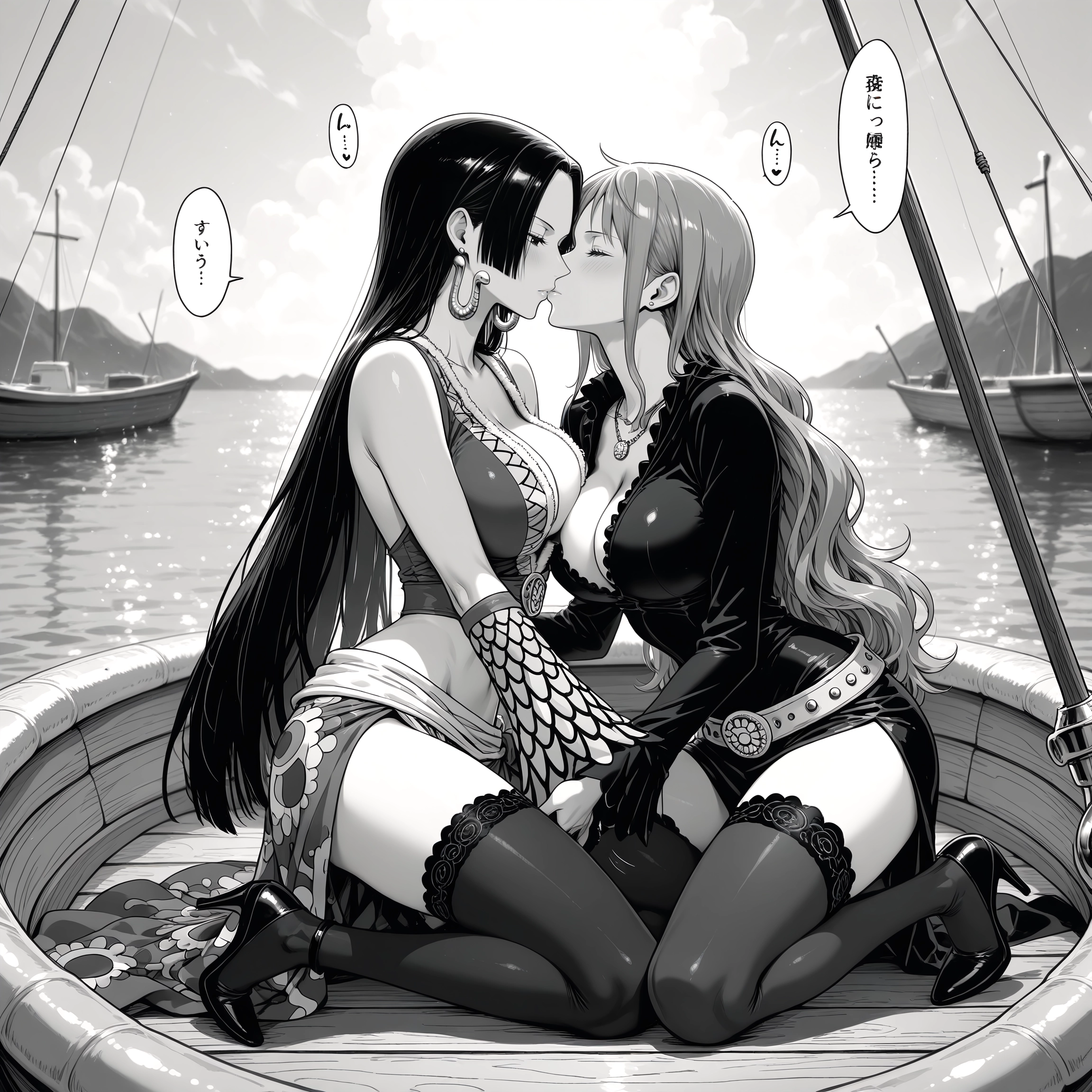 multiple girls, 2girls, breasts, monochrome, greyscale, thighhighs · Yamete.gg