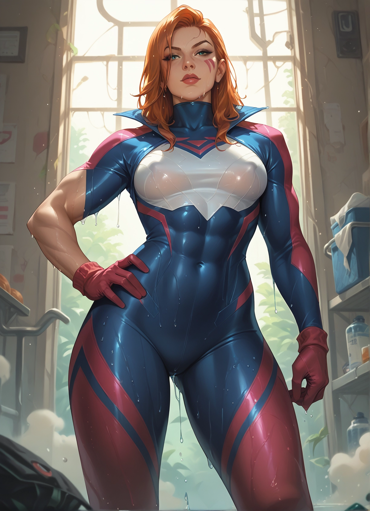 1girl, bodysuit, wet, hand on hip, gloves, breasts · Yamete.gg