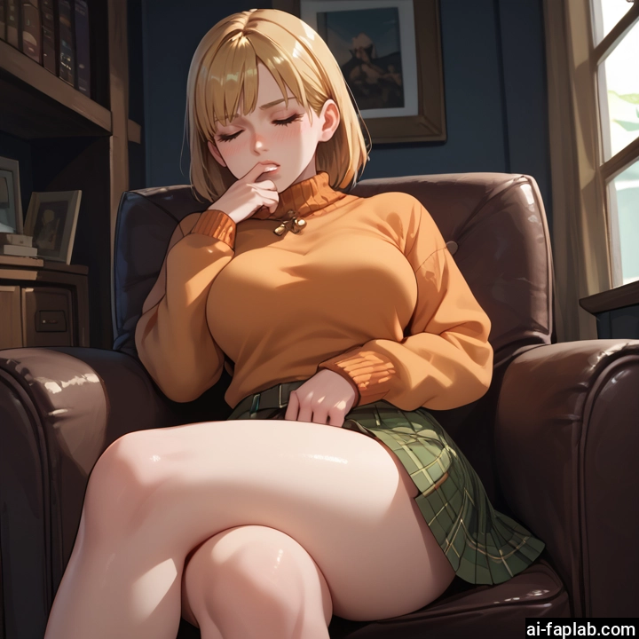 1girl, skirt, blonde hair, breasts, sitting, crossed legs · Yamete.gg