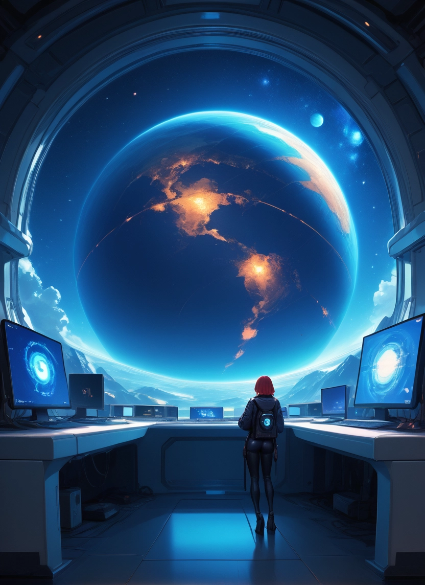 1girl, solo, short hair, planet, monitor, space