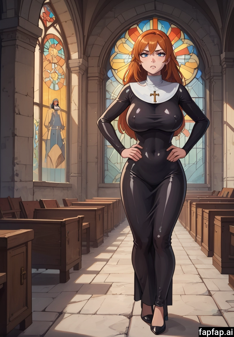 breasts, nun, church, indoors, long hair, blue eyes