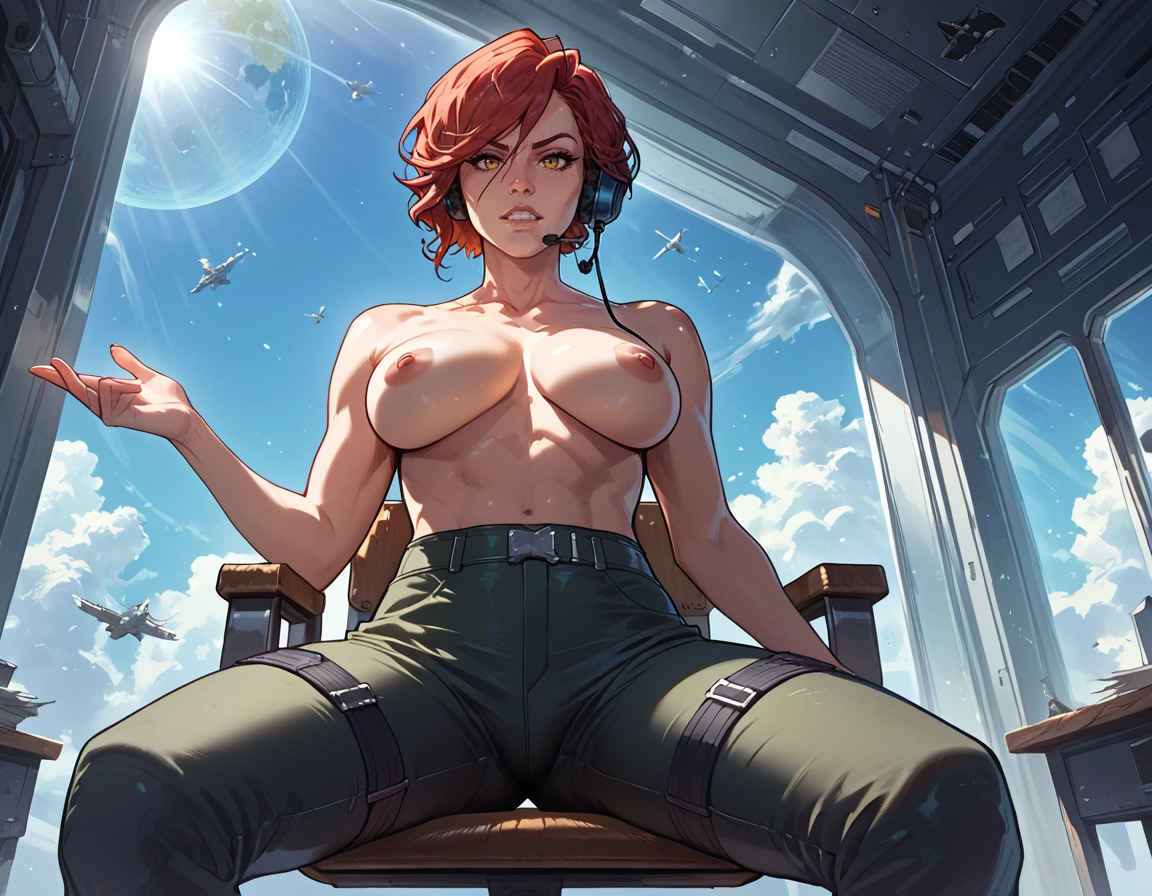 1girl, breasts, nipples, topless, aircraft, headset · Yamete.gg