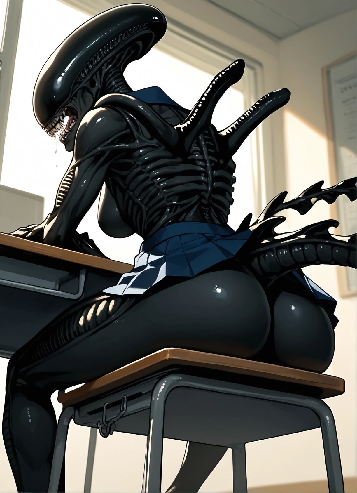 ass, 1girl, skirt, desk, solo, teeth · Yamete.gg