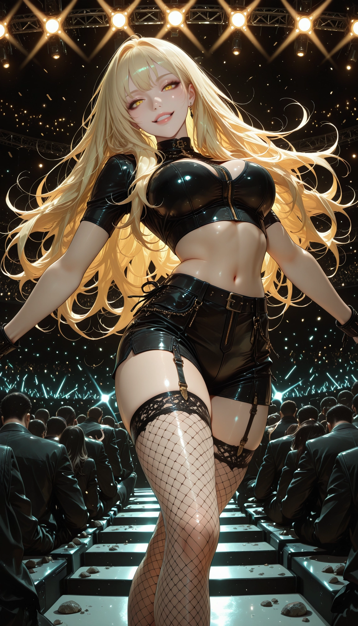 1girl, breasts, blonde hair, navel, crop top, long hair · Yamete.gg