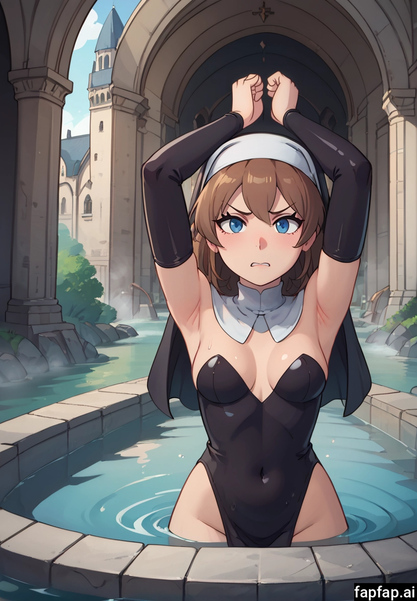 1girl, breasts, brown hair, nun, solo, armpits · Yamete.gg