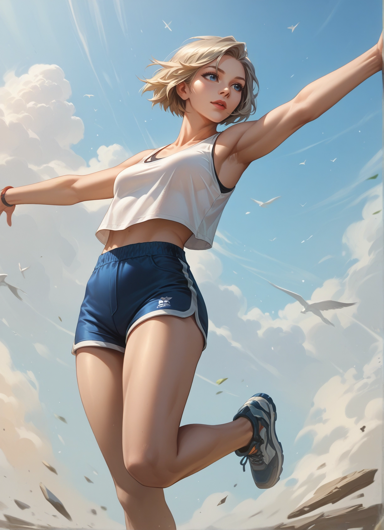1girl, shorts, solo, blue eyes, short hair, armpits · Yamete.gg