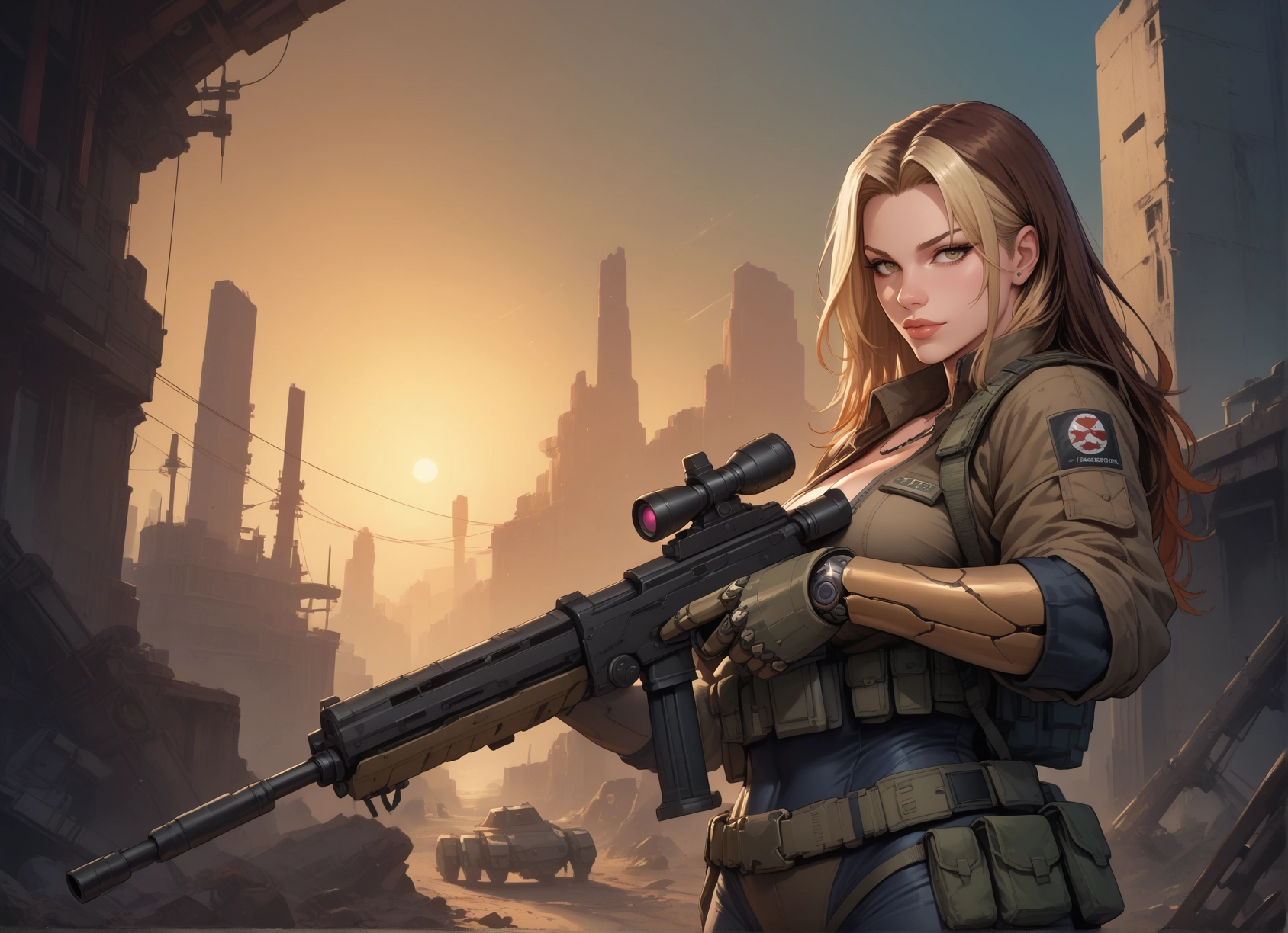 1girl, weapon, gun, rifle, blonde hair, gloves · Yamete.gg