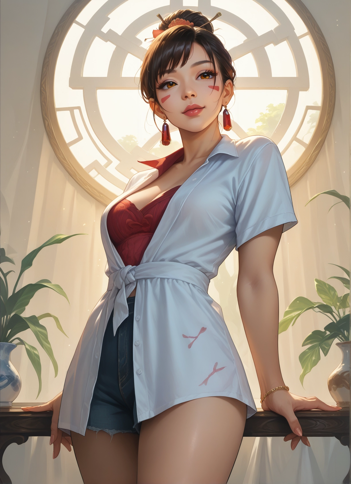 1girl, solo, jewelry, breasts, earrings, shorts · Yamete.gg