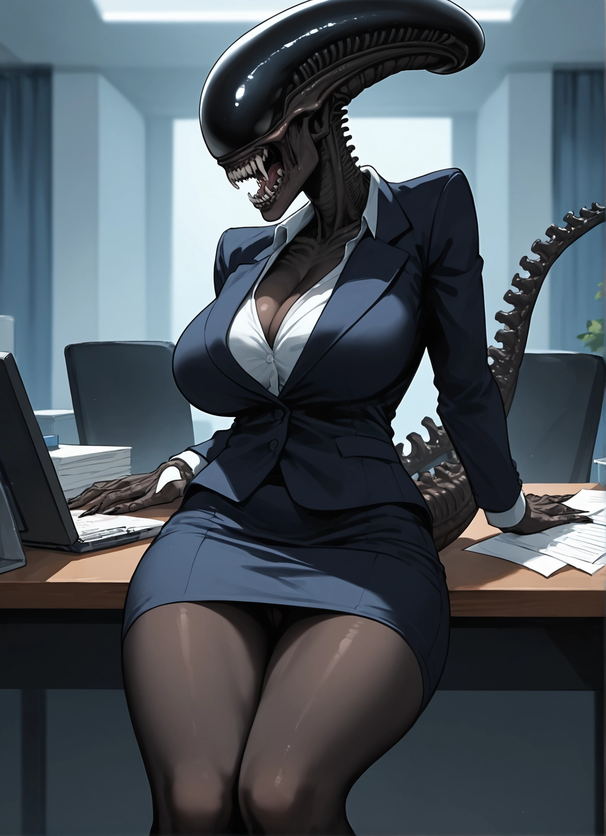 1girl, breasts, skirt, teeth, cleavage, pantyhose · Yamete.gg