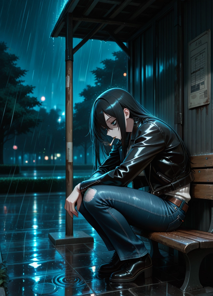 1girl, bus stop, pants, rain, solo, denim · Yamete.gg