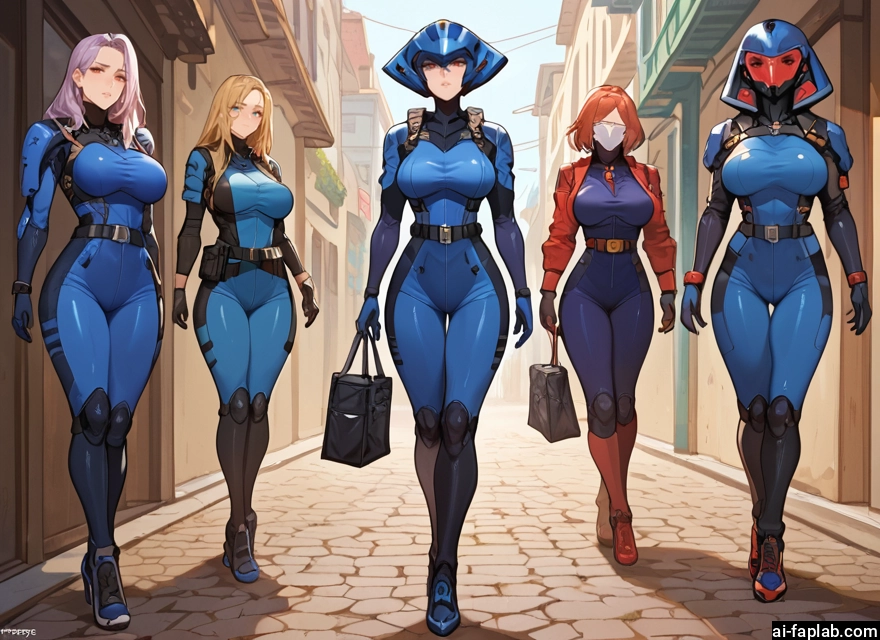 multiple girls, breasts, bodysuit, large breasts, blonde hair, bag · Yamete.gg
