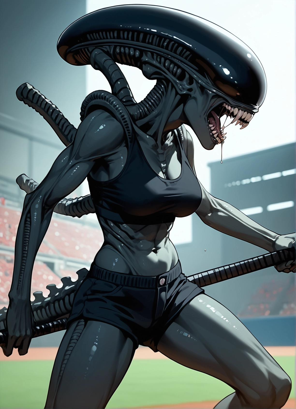 1girl, breasts, shorts, solo, teeth, muscular · Yamete.gg