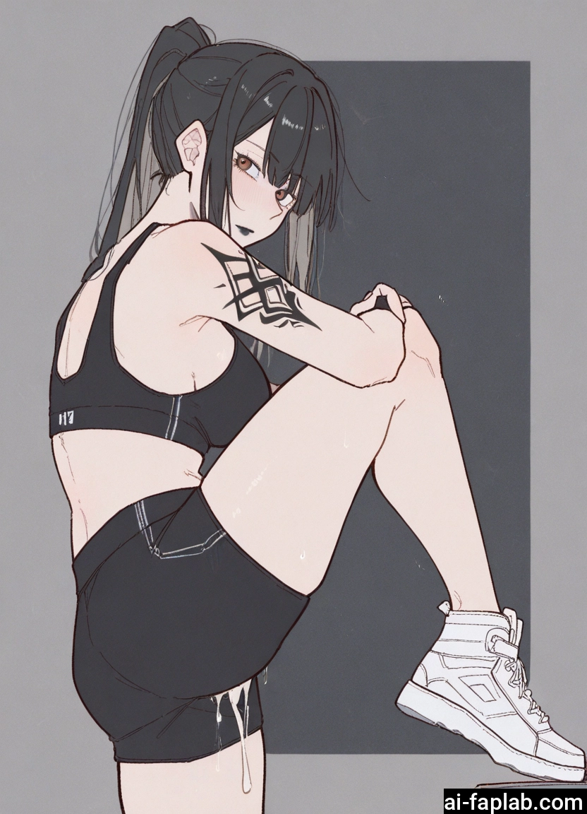 1girl, tattoo, solo, shoes, ponytail, breasts
