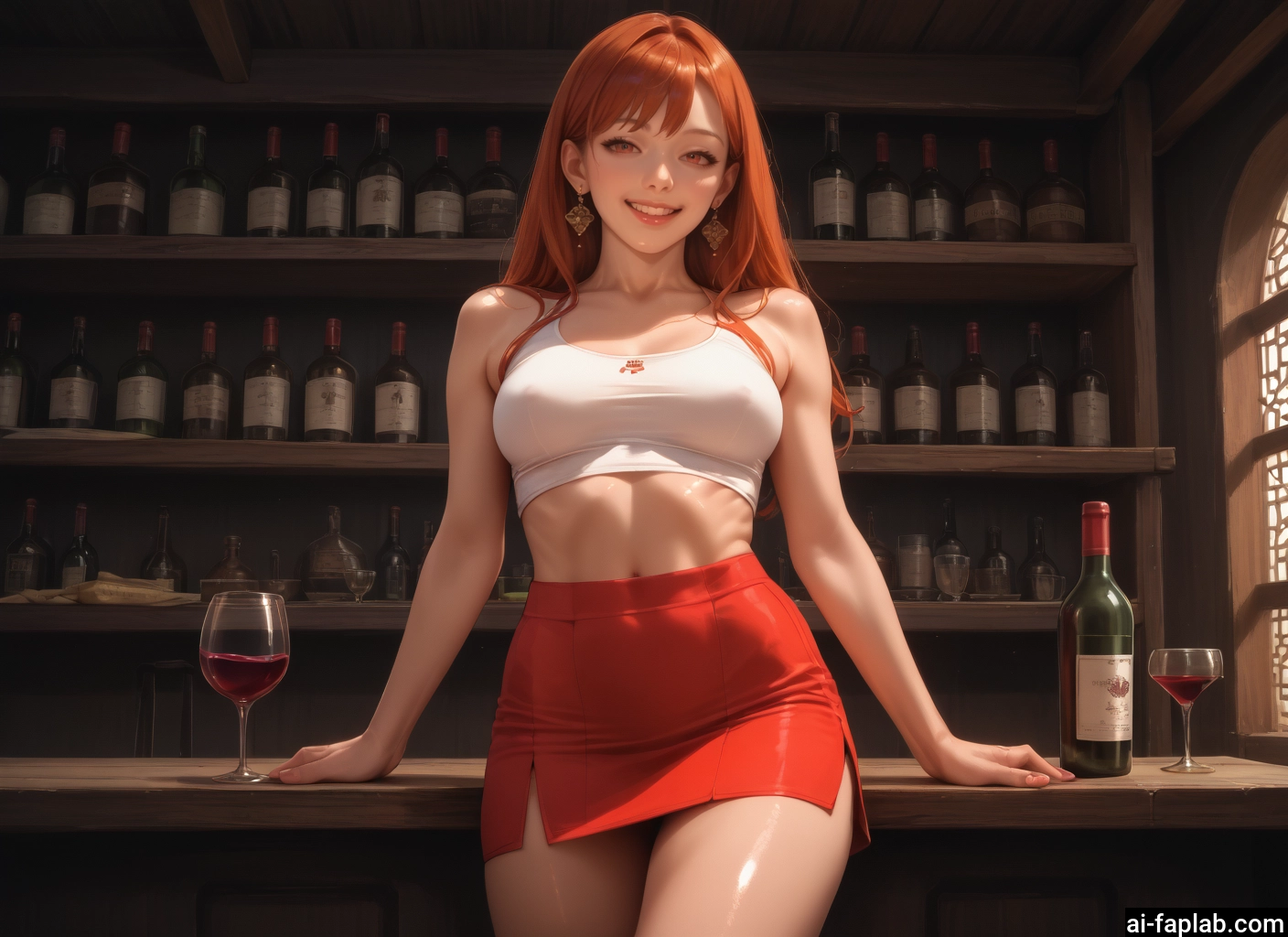 1girl, skirt, jewelry, breasts, earrings, cup · Yamete.gg