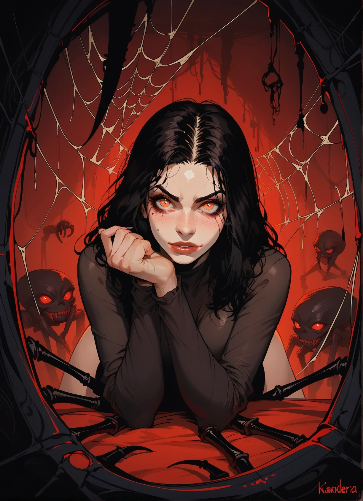1girl, silk, spider web, black hair, mole, freckles · Yamete.gg