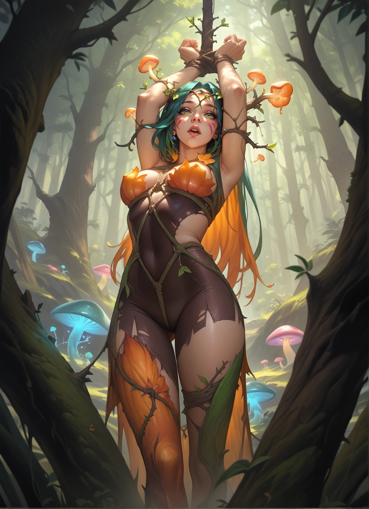 1girl, forest, nature, breasts, mushroom, long hair · Yamete.gg