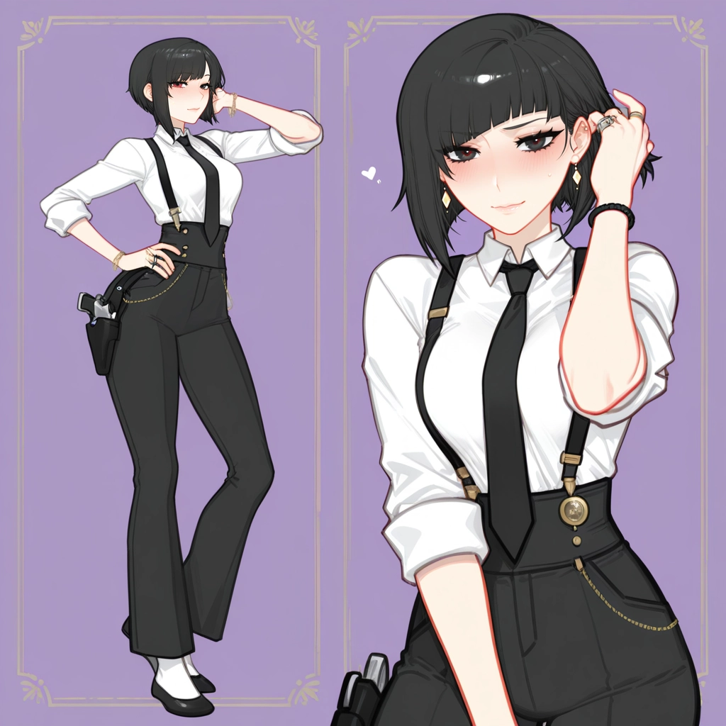 1girl, jewelry, pants, necktie, weapon, black hair · Yamete.gg