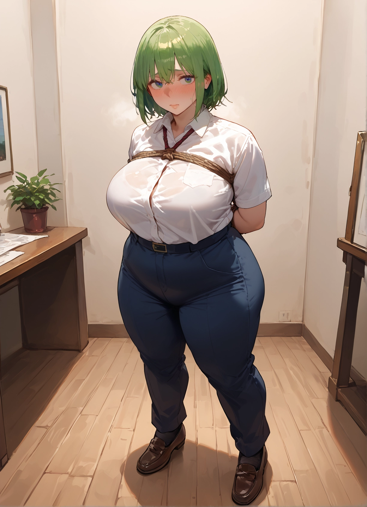1girl, breasts, green hair, pants, bound, shirt · Yamete.gg