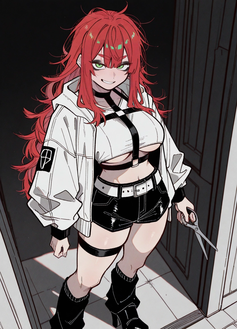 1girl, breasts, green eyes, shorts, red hair, smile · Yamete.gg