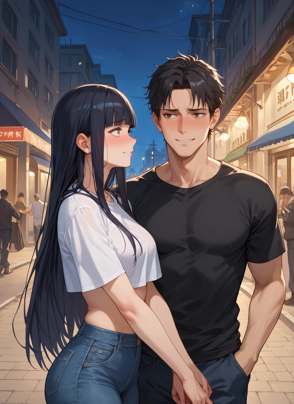 long hair, black hair, blush, pants, shirt, denim · Yamete.gg