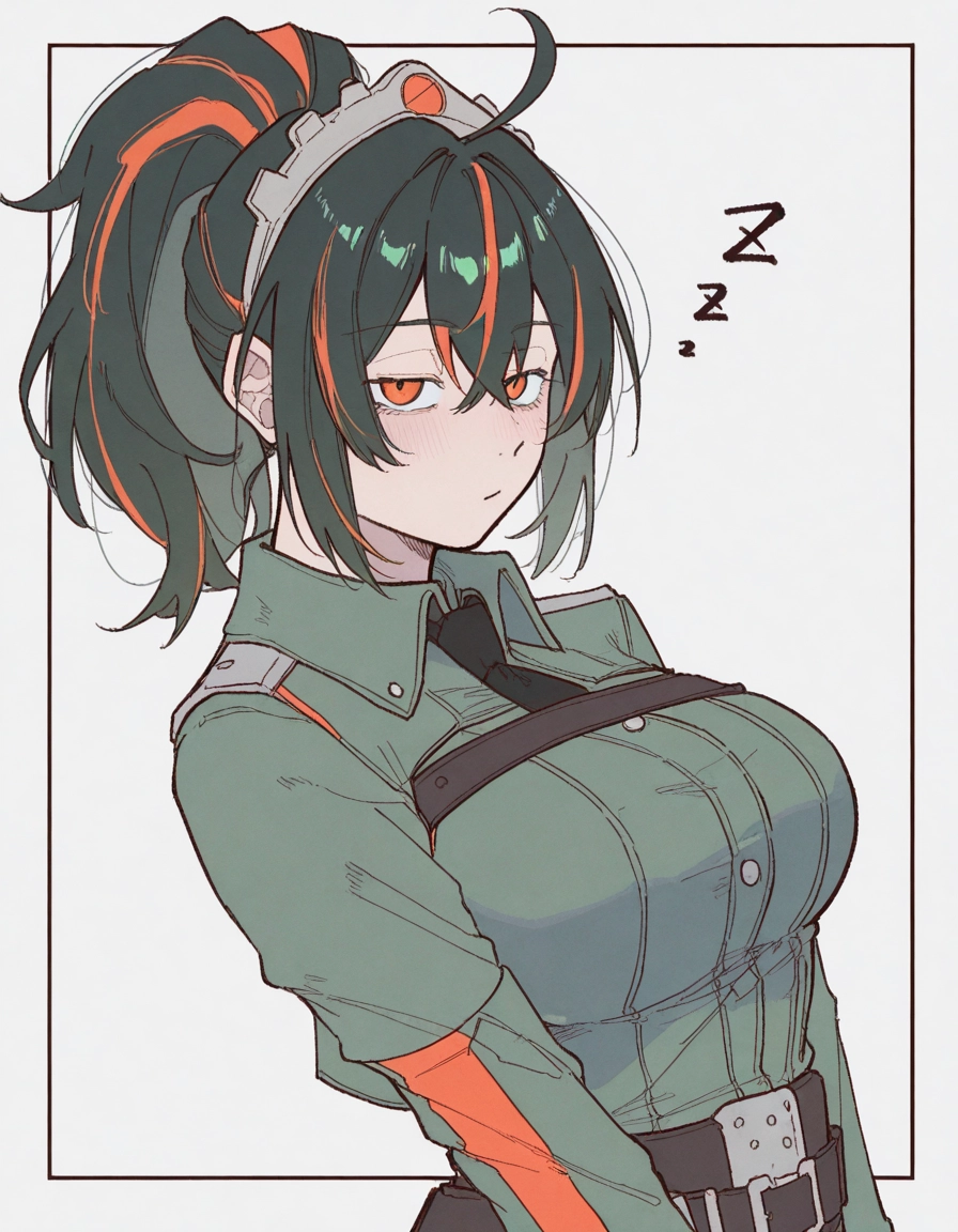 1girl, multicolored hair, solo, necktie, breasts, ponytail · Yamete.gg