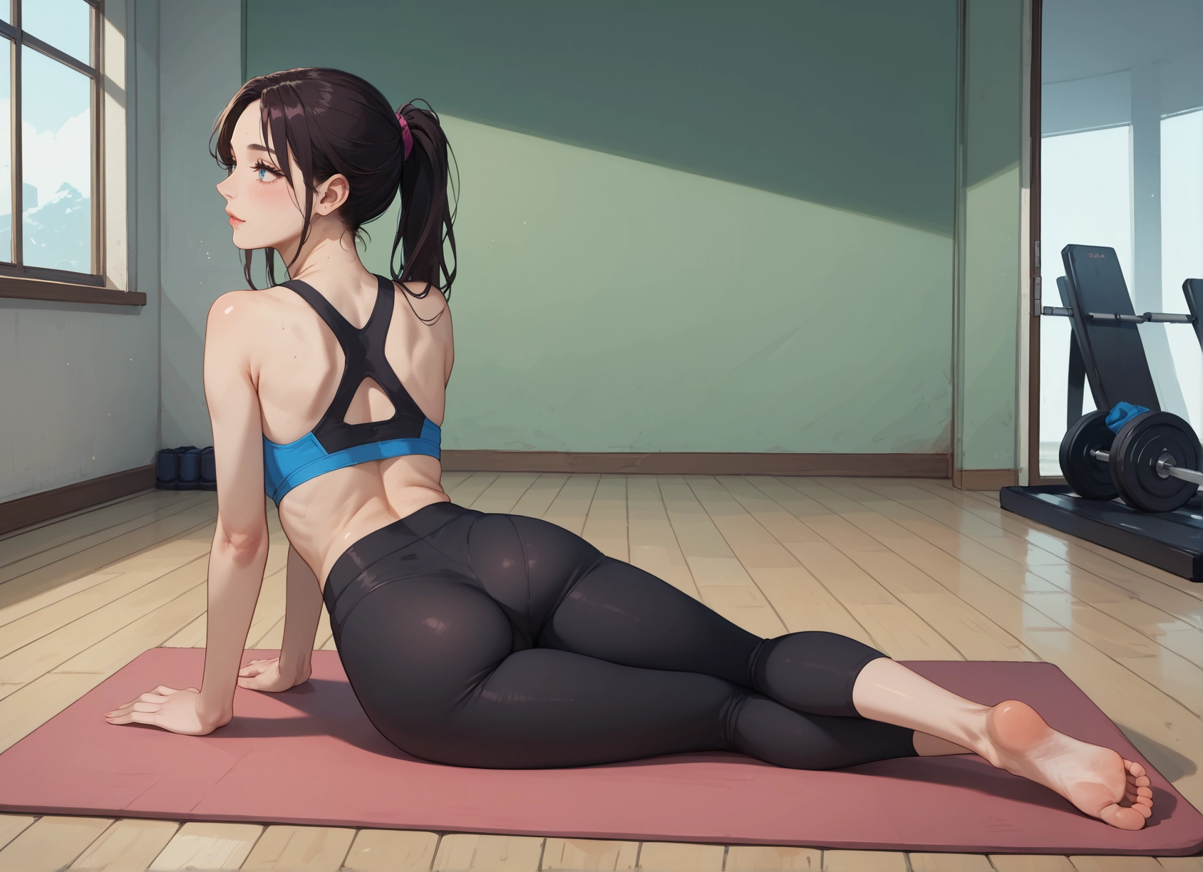 1girl, feet, ass, solo, soles, yoga pants