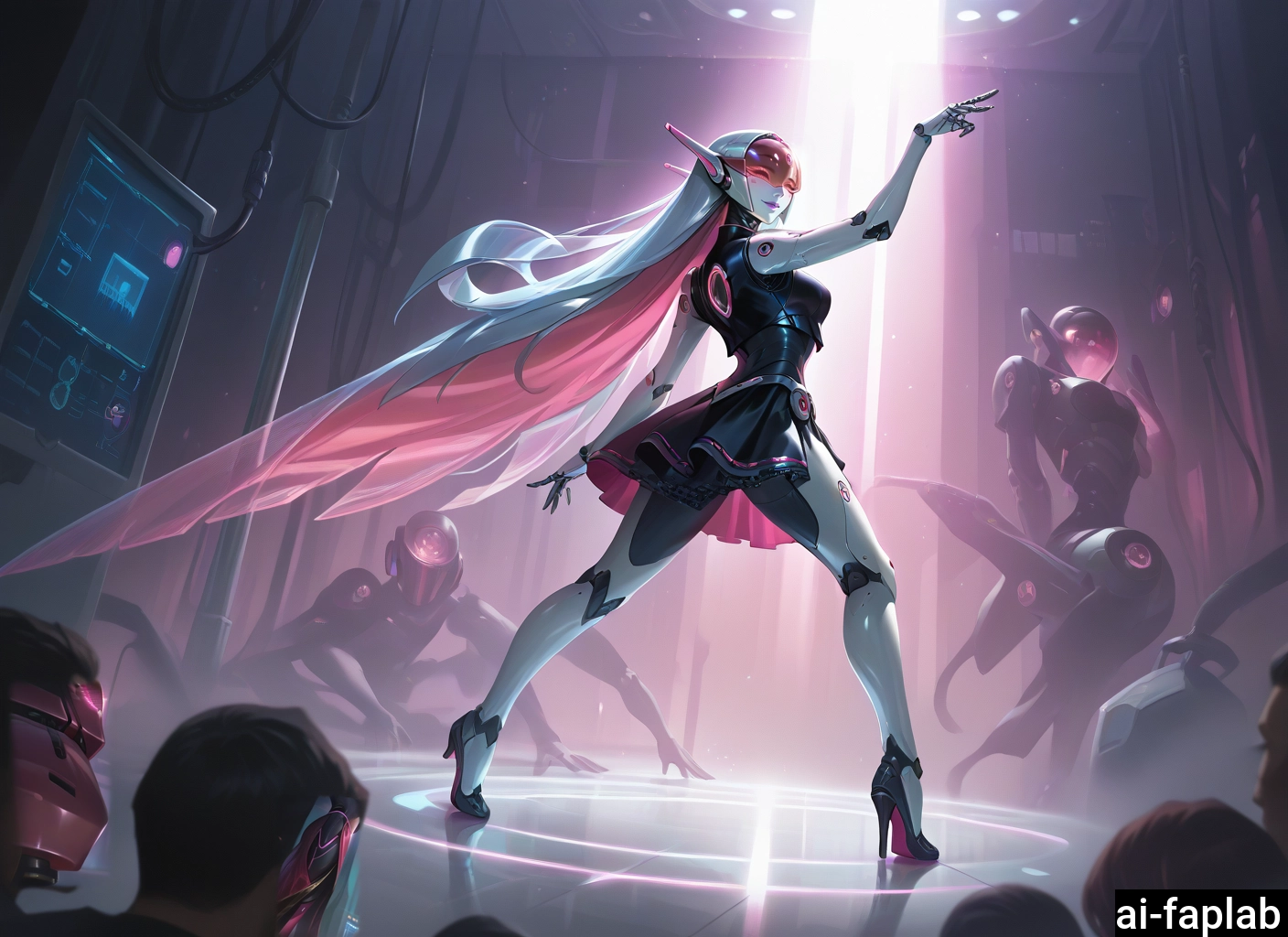 long hair, high heels, 1girl, joints, cyborg, white hair
