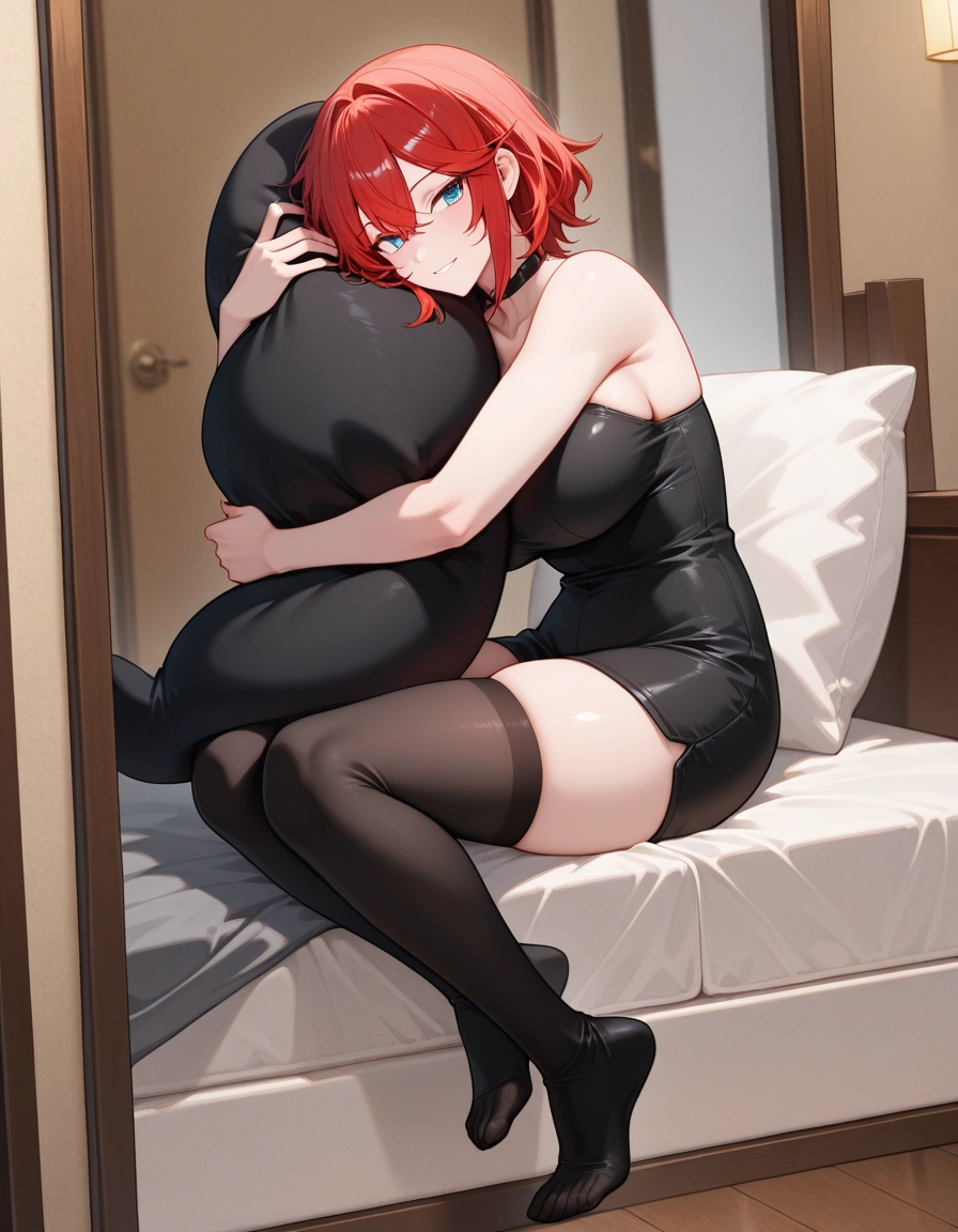 1girl, breasts, thighhighs, red hair, blue eyes, large breasts