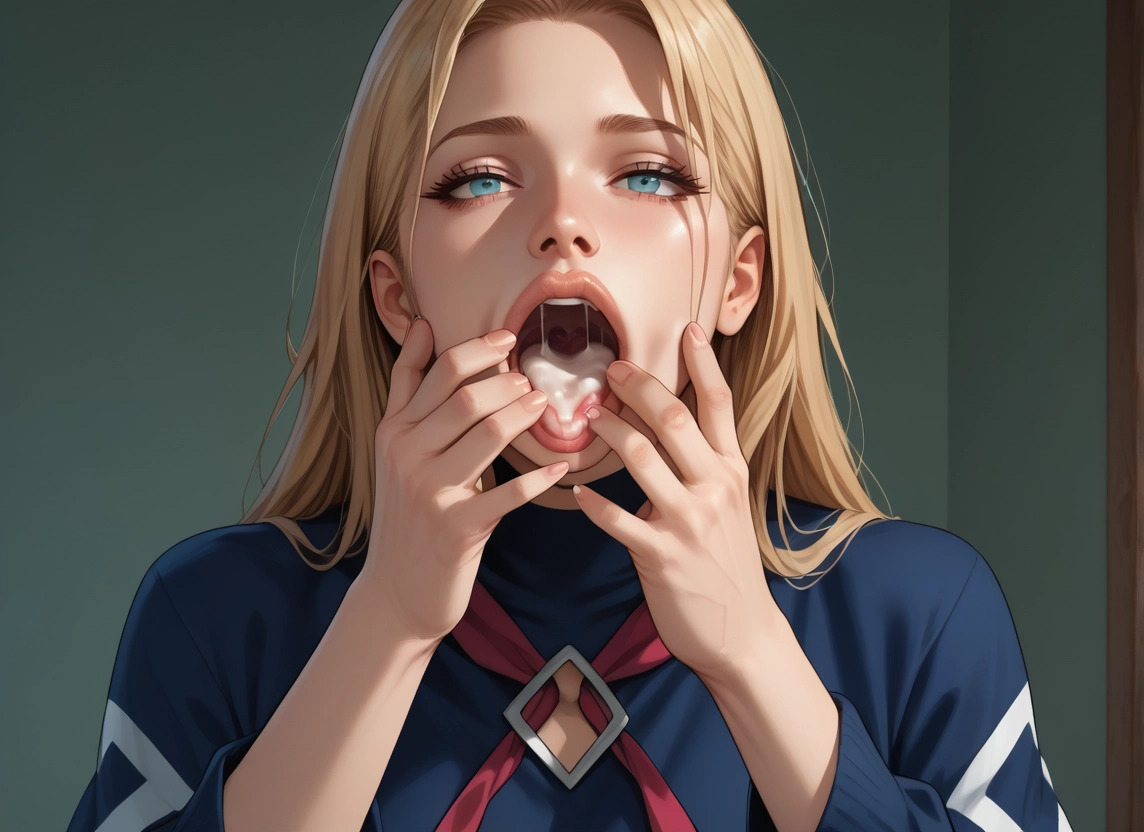 1girl, blonde hair, solo, cum, open mouth, cum in mouth · Yamete.gg