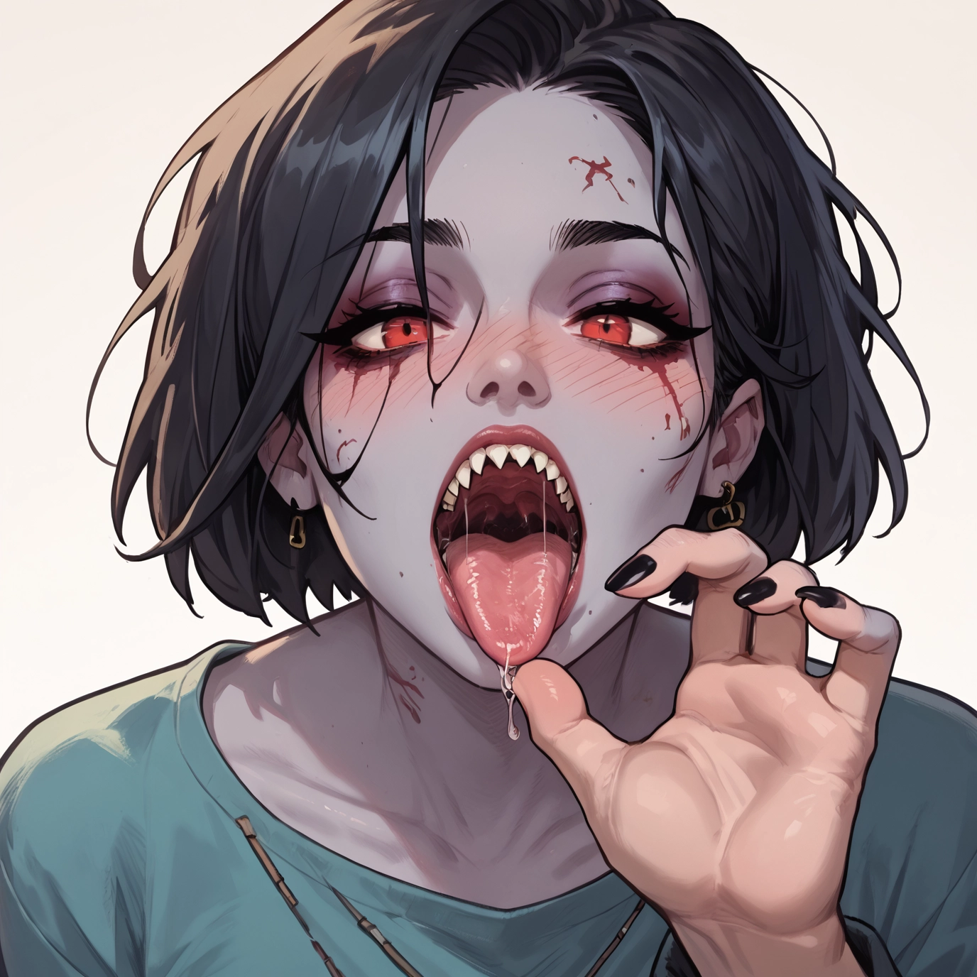 teeth, tongue, jewelry, 1girl, earrings, red eyes · Yamete.gg
