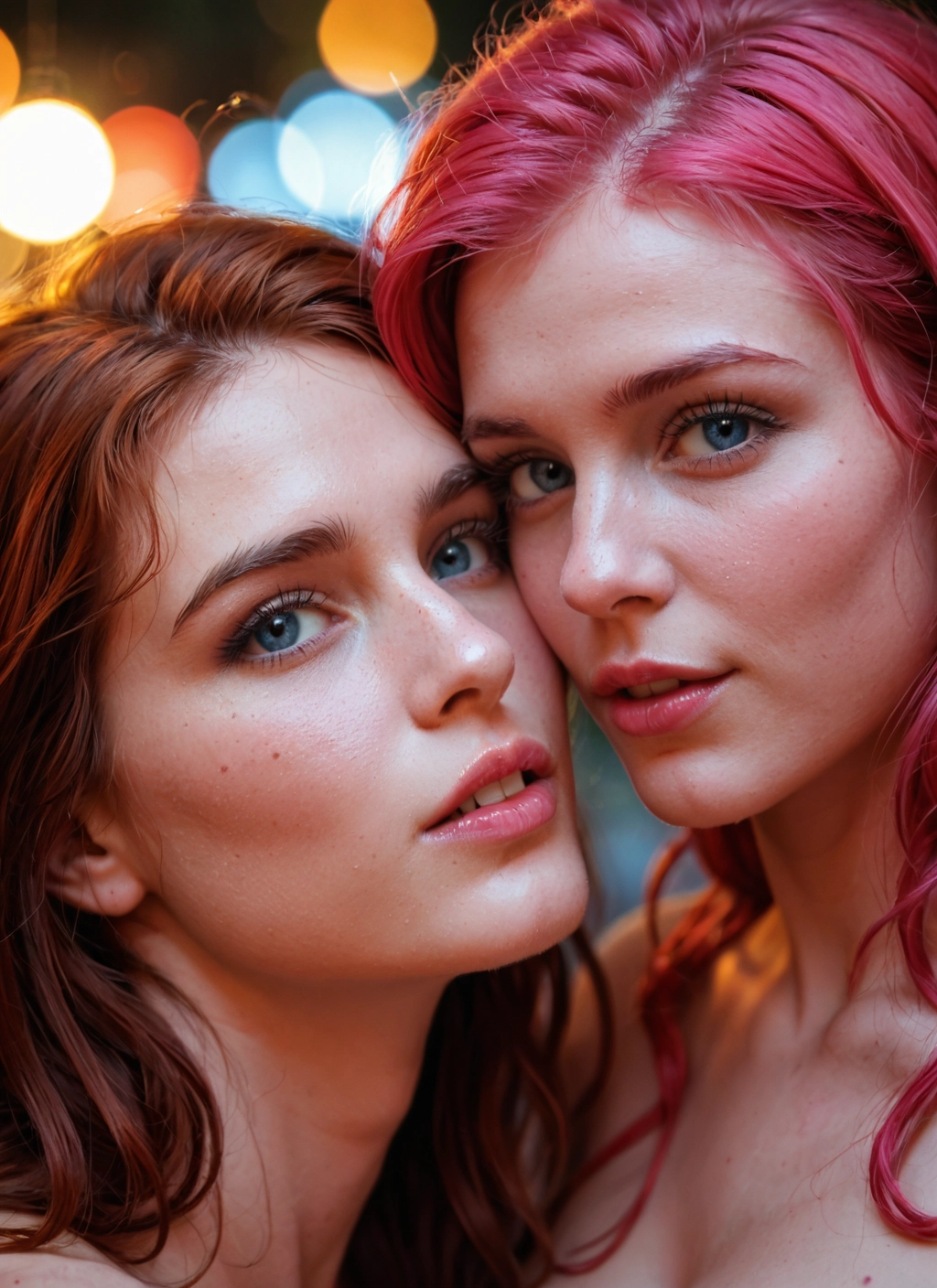 multiple girls, 2girls, pink hair, blue eyes, brown hair, realistic · Yamete.gg