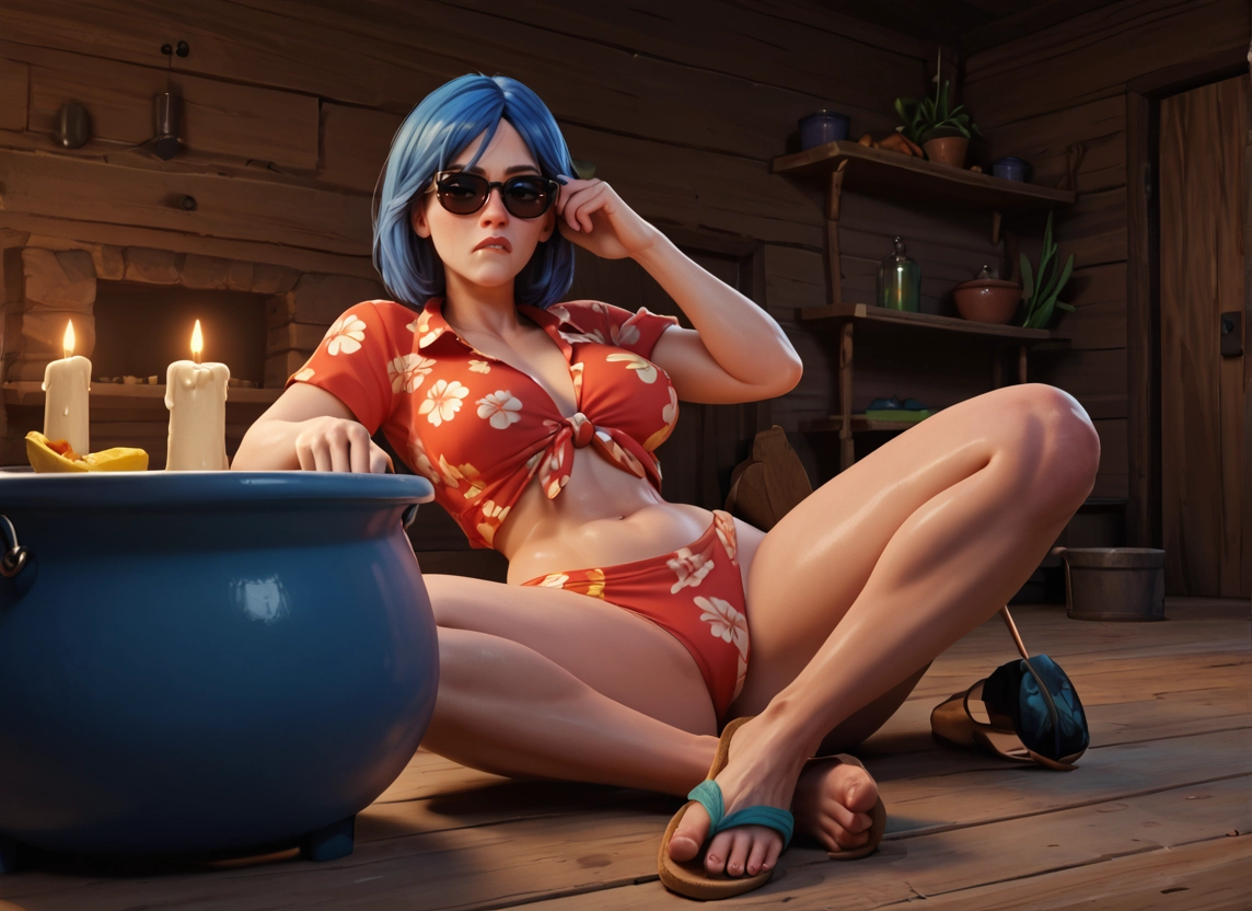1girl, sunglasses, breasts, solo, blue hair, candle · Yamete.gg