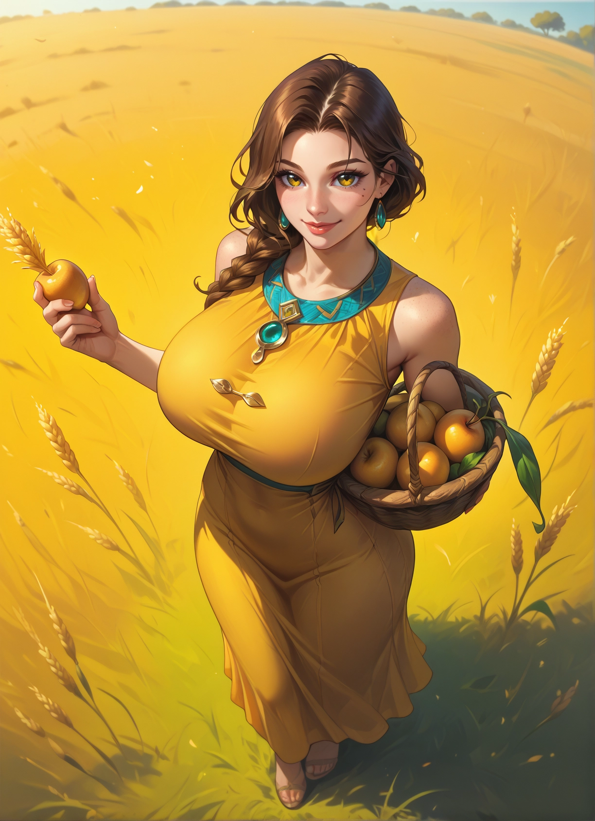 1girl, breasts, food, fruit, solo, yellow dress · Yamete.gg