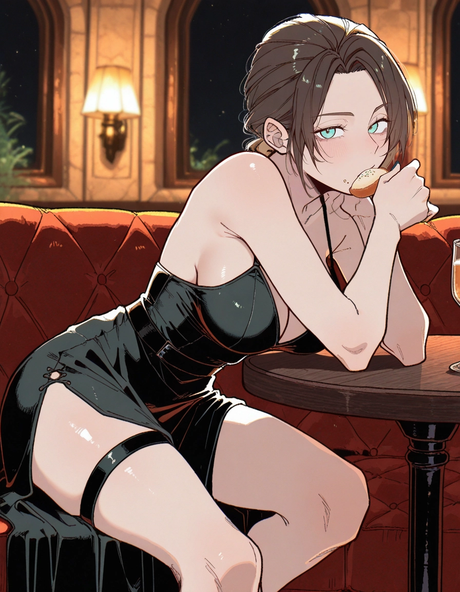 1girl, breasts, dress, food, sitting, cleavage · Yamete.gg