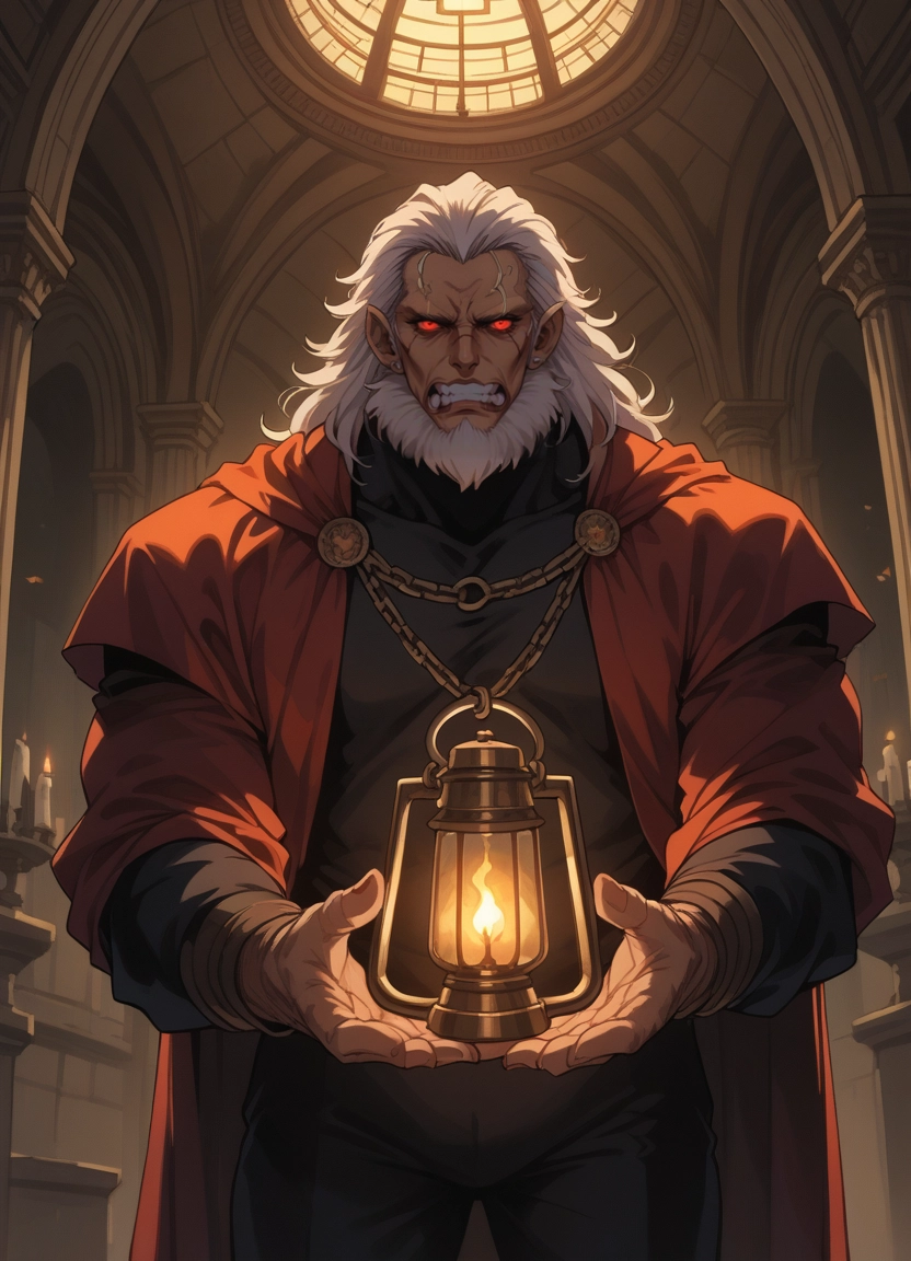 1boy, solo, male focus, red eyes, facial hair, white hair