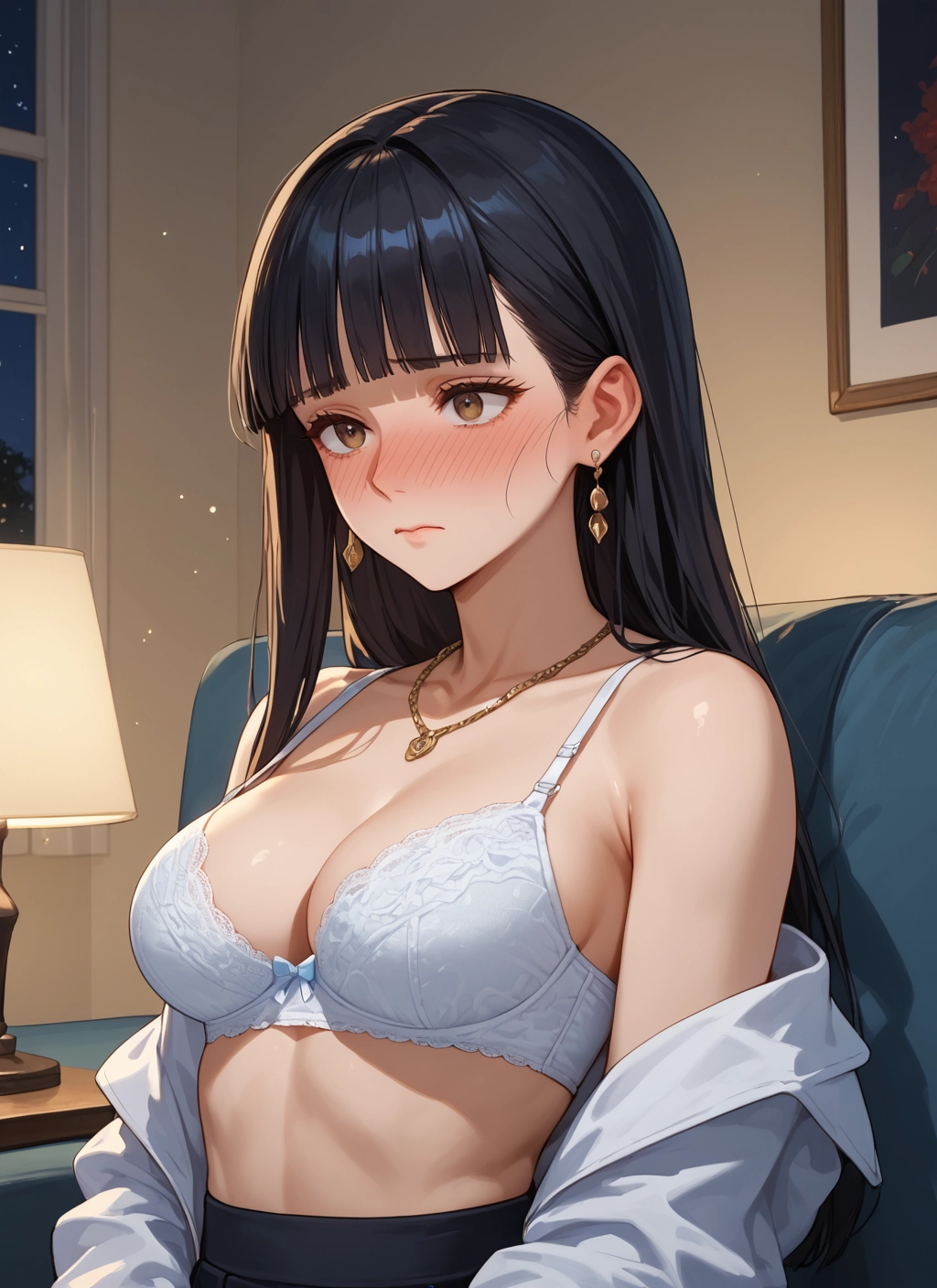 1girl, breasts, underwear, bra, long hair, blush · Yamete.gg