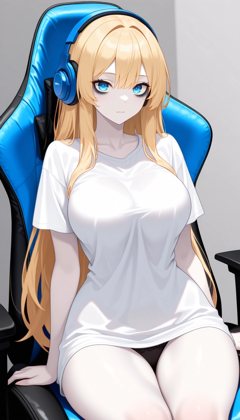 1girl, solo, headphones, breasts, shirt, sitting · Yamete.gg