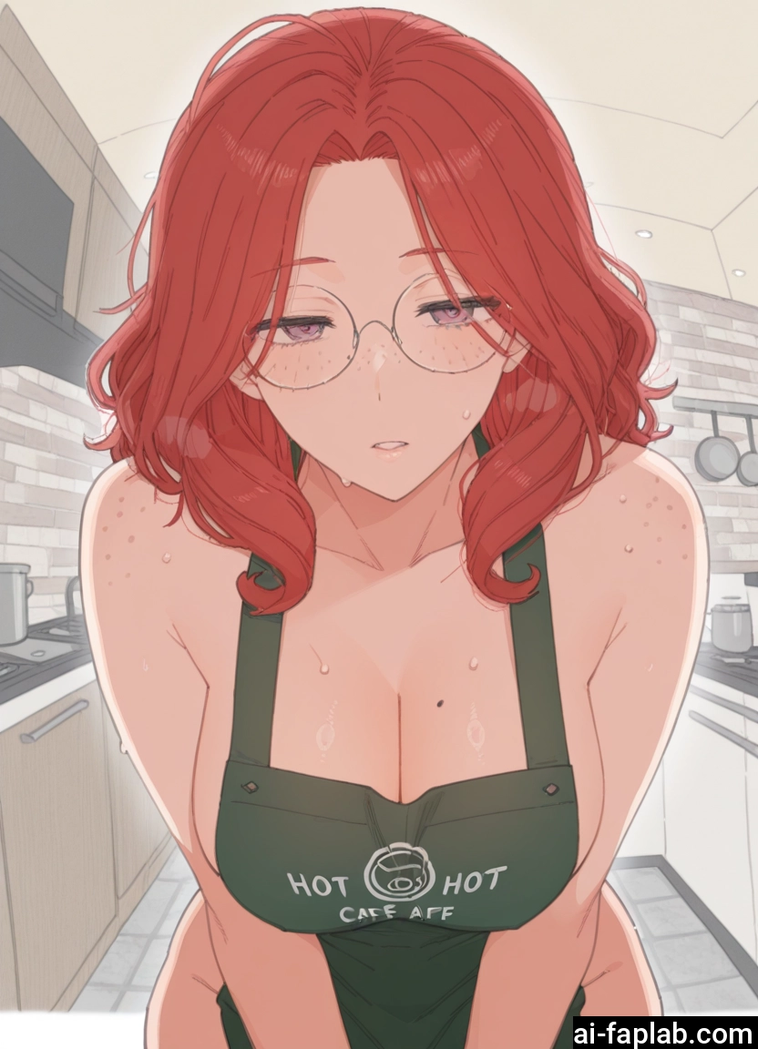 1girl, breasts, glasses, apron, mole, naked apron