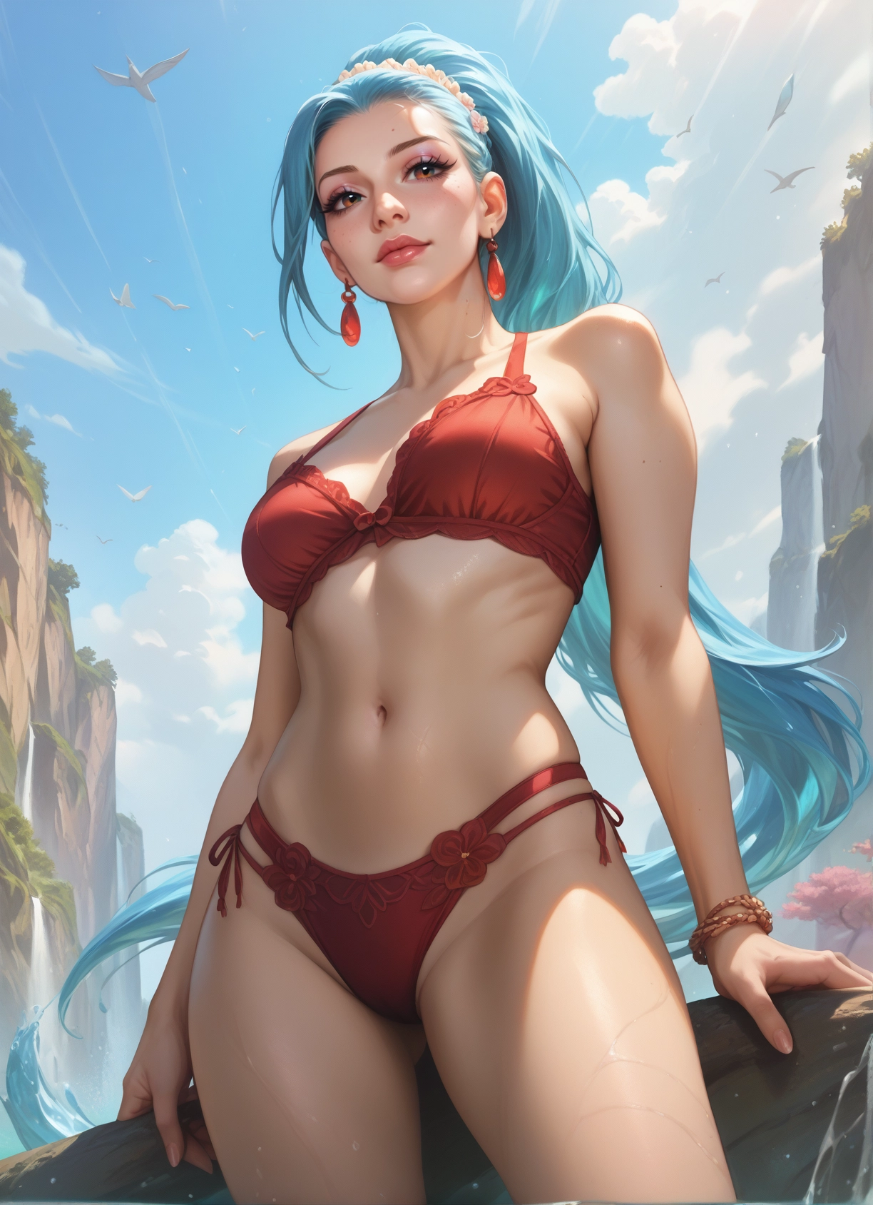 1girl, long hair, jewelry, earrings, navel, solo · Yamete.gg