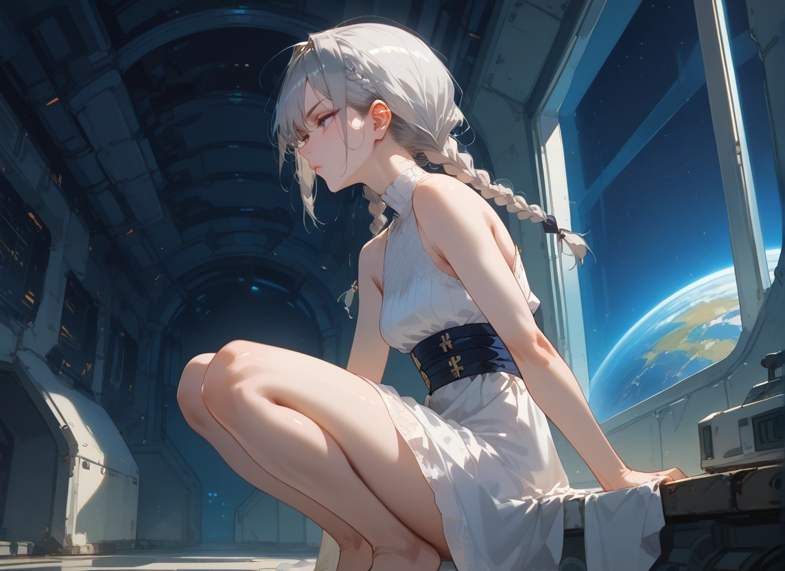 1girl, solo, braid, dress, twin braids, white dress · Yamete.gg