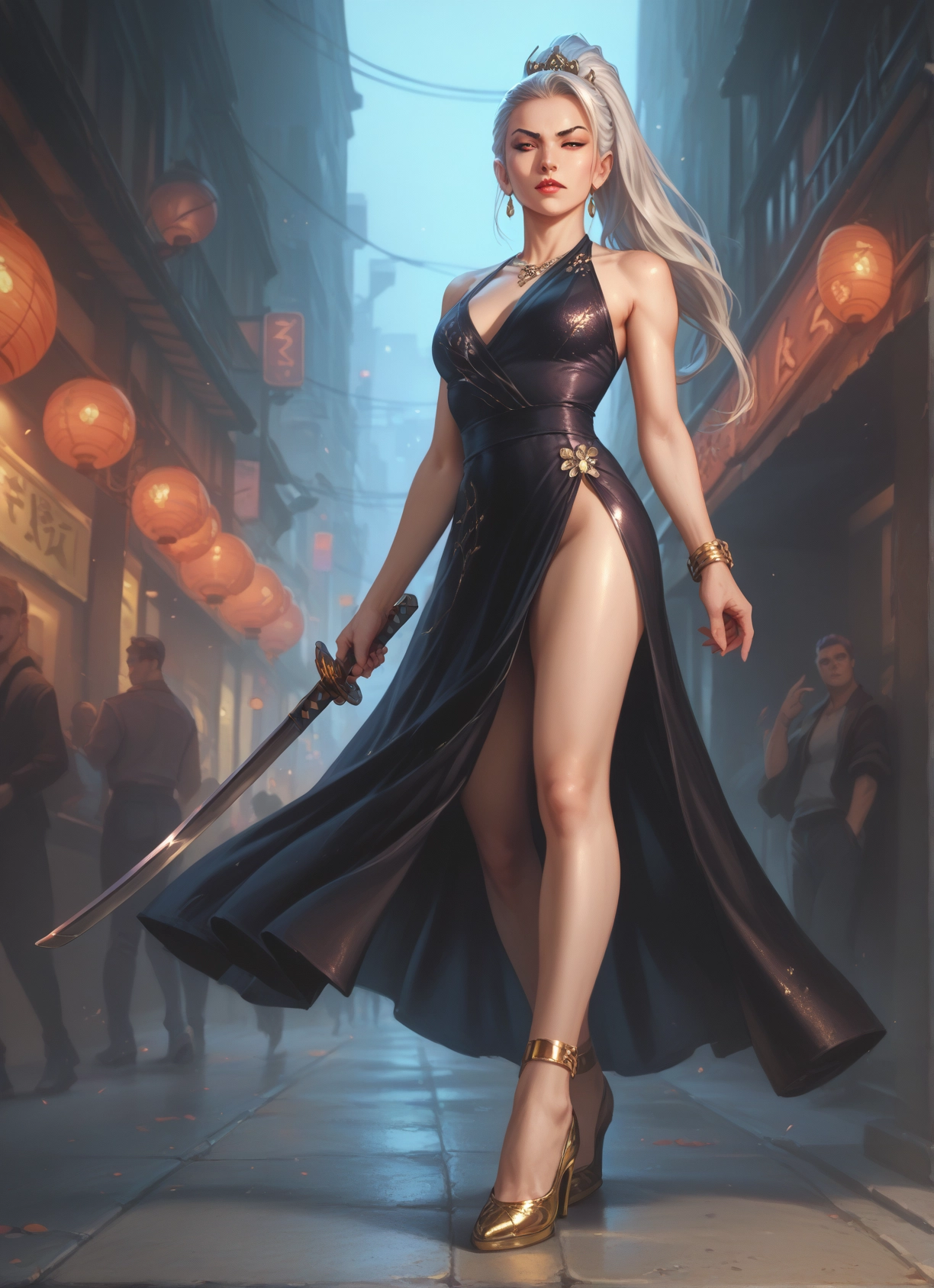 weapon, sword, dress, 1girl, jewelry, earrings · Yamete.gg