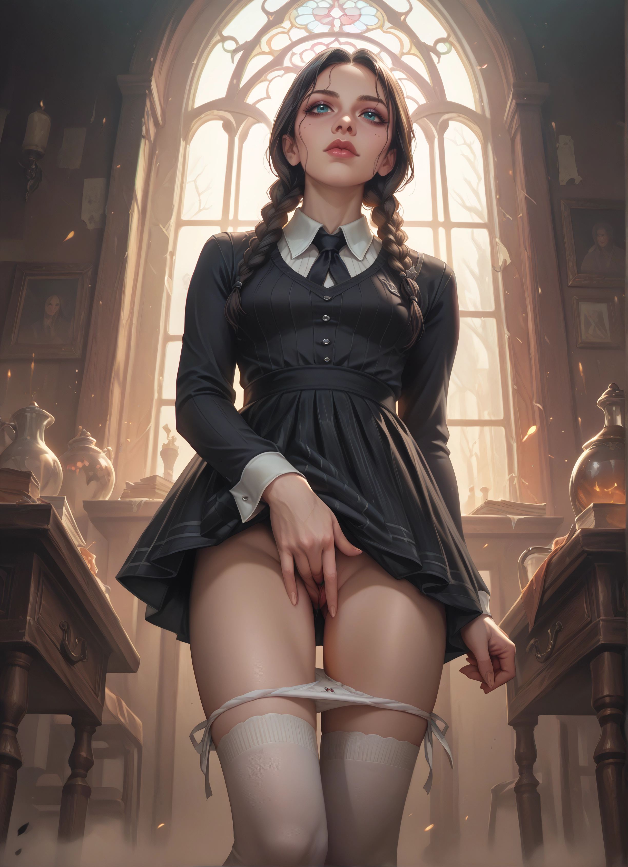 1girl, underwear, panties, braid, thighhighs, solo · Yamete.gg