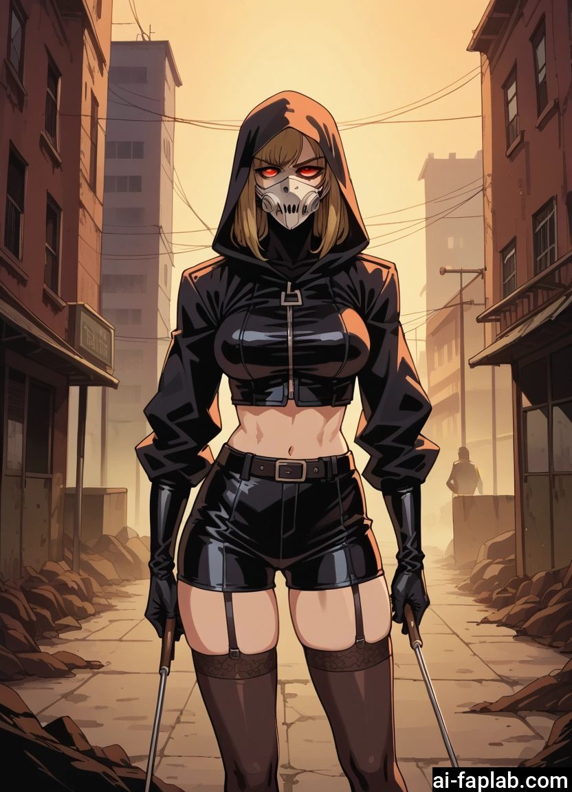 1girl, thighhighs, mask, navel, hood, red eyes · Yamete.gg