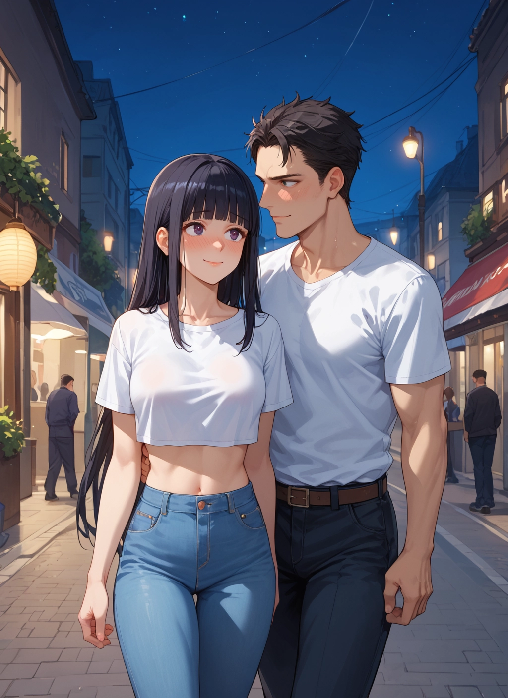 1girl, long hair, black hair, pants, shirt, navel · Yamete.gg