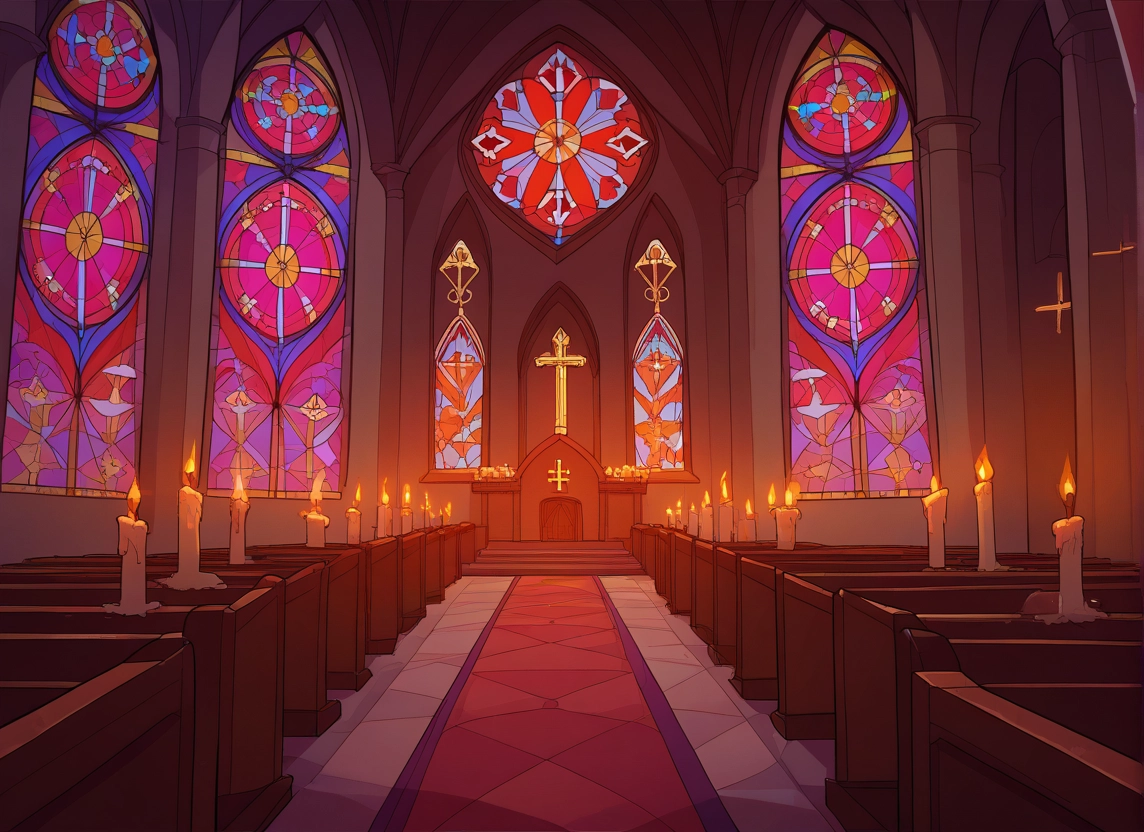 no humans, scenery, candle, stained glass, cross, stairs