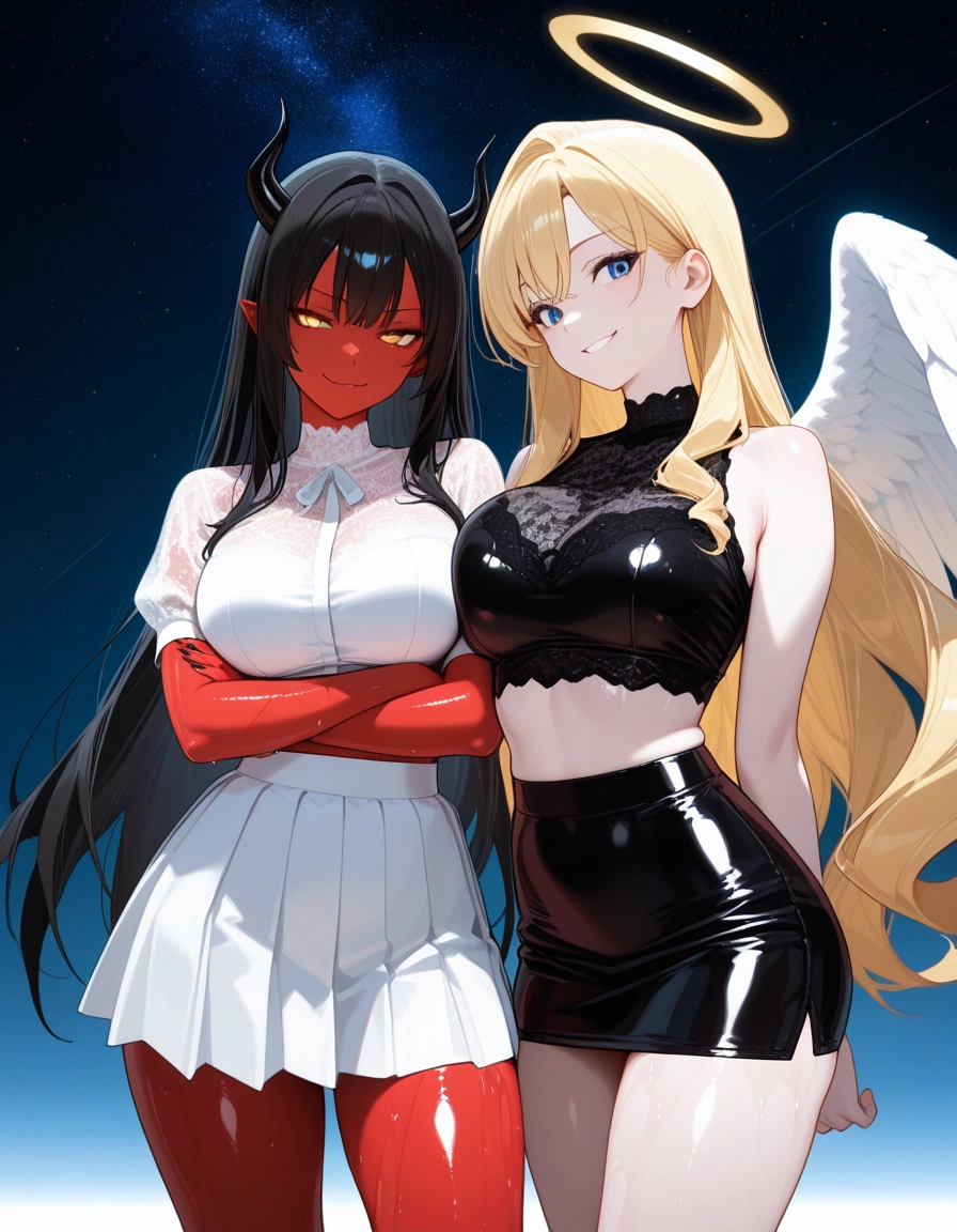 multiple girls, 2girls, breasts, blonde hair, horns, halo · Yamete.gg