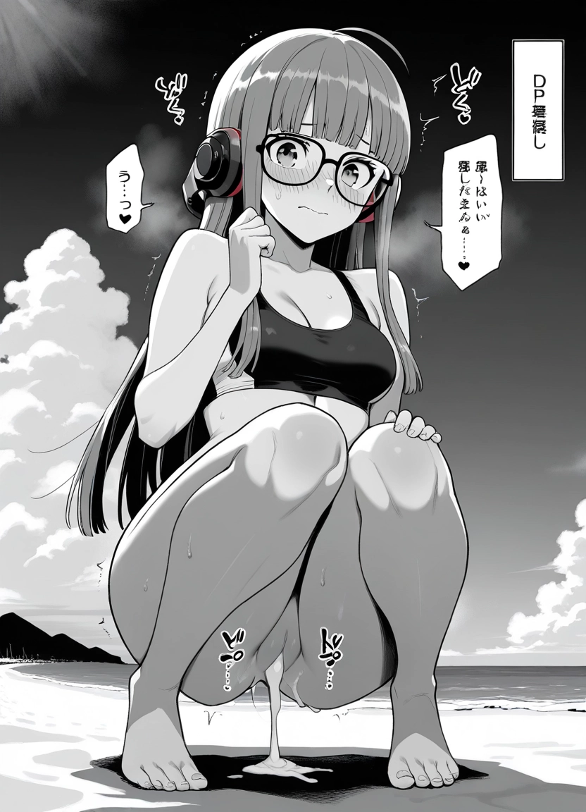 1girl, monochrome, headphones, breasts, greyscale, cum · Yamete.gg