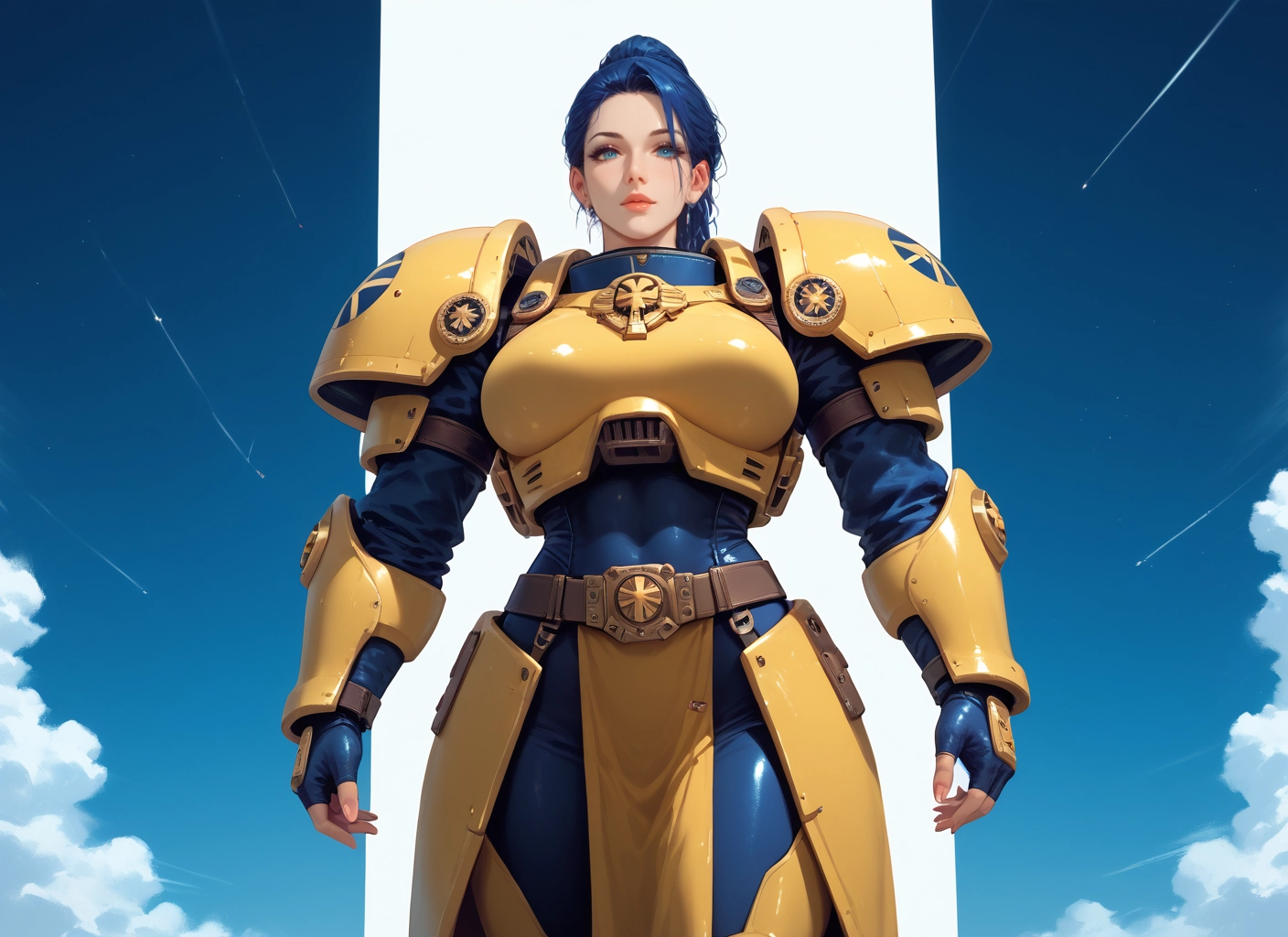 1girl, gloves, solo, blue eyes, armor, fingerless gloves · Yamete.gg